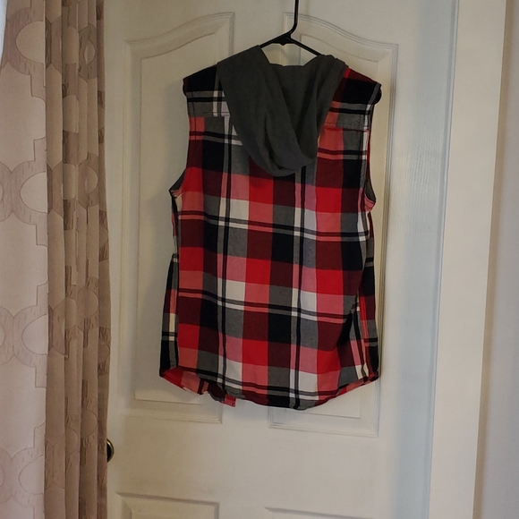 Red flannel button up vest with grey hood - Picture 2 of 2